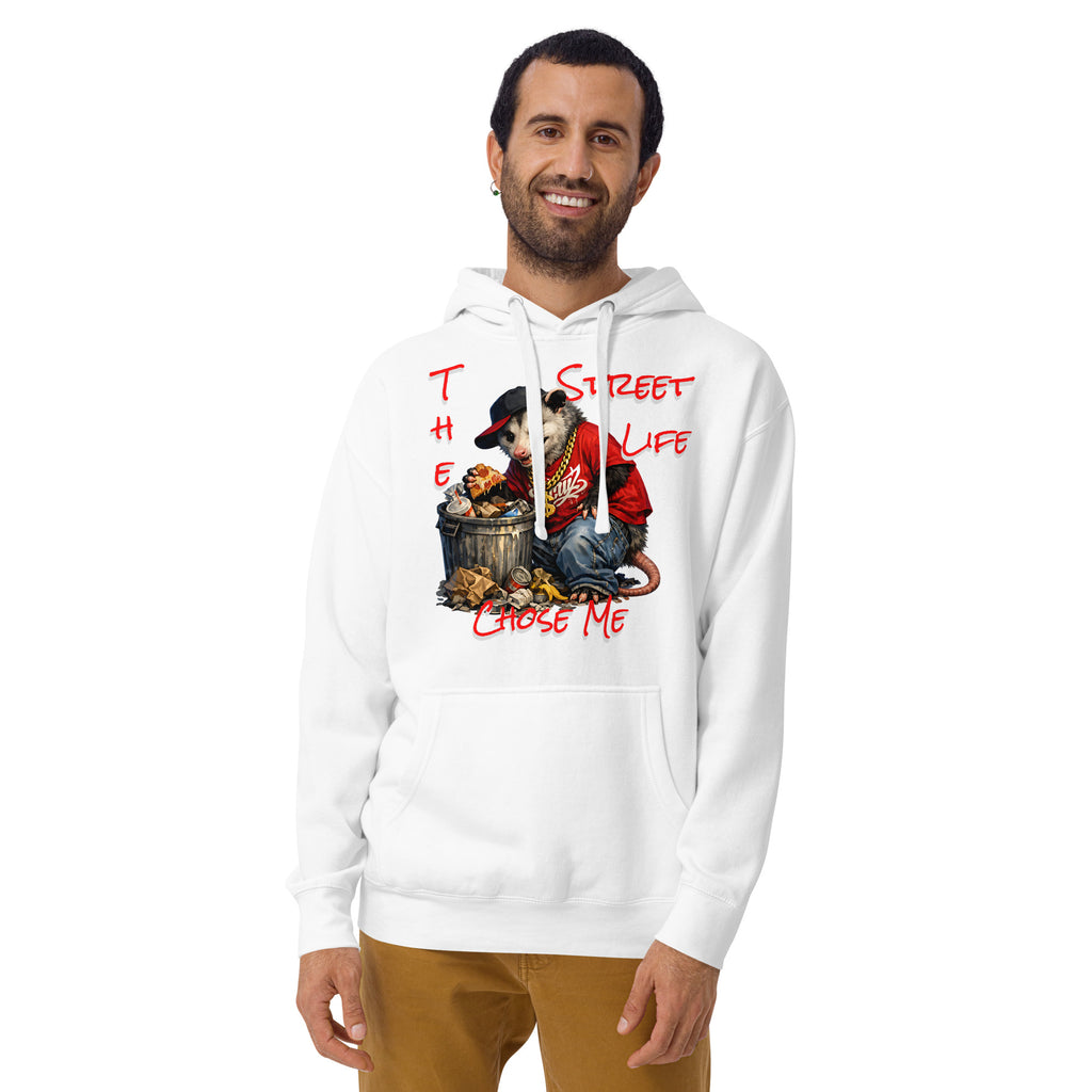 NY Possum Life Unisex Hoodie — White — Men's 2 model, front