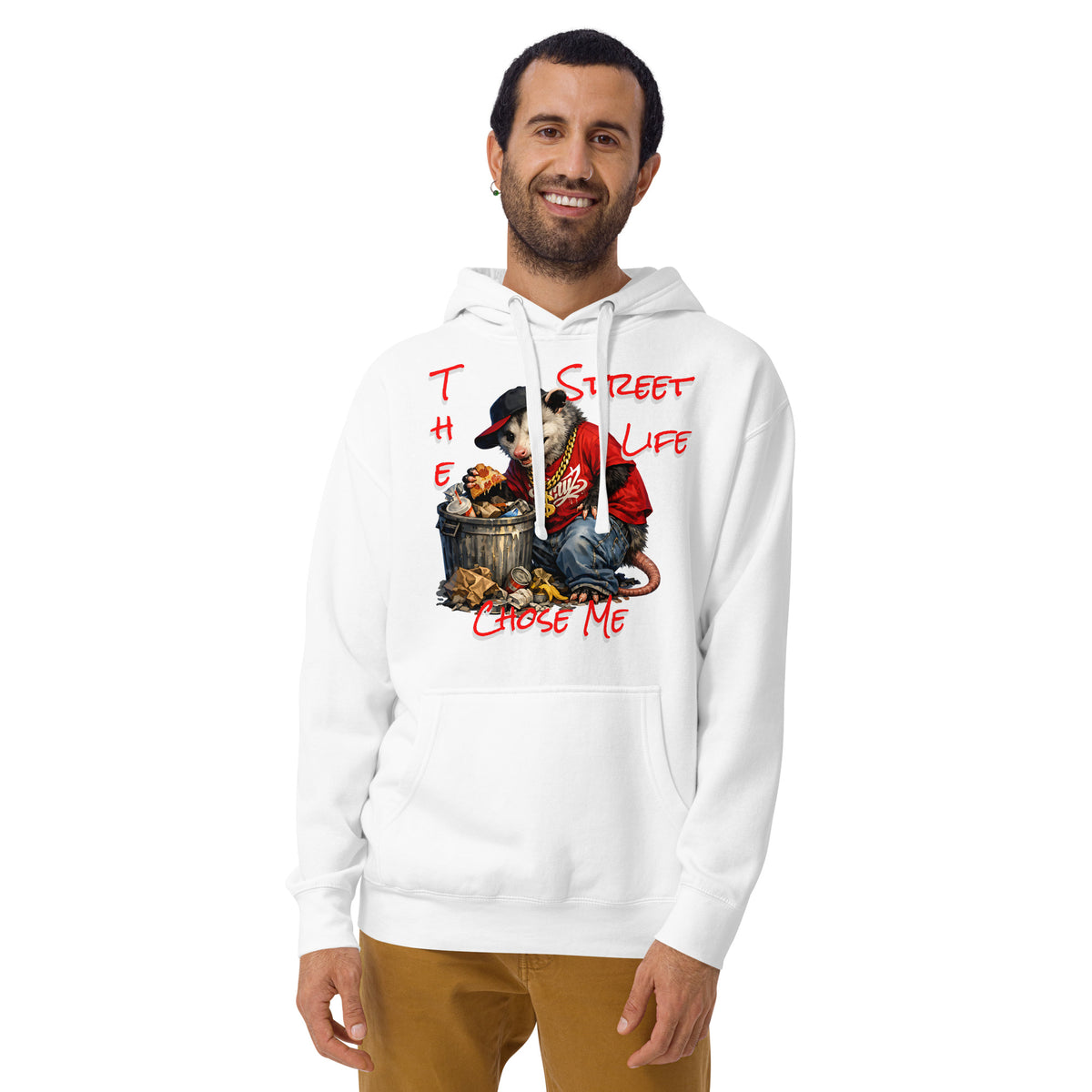 NY Possum Life Unisex Hoodie — White — Men's 2 model, front