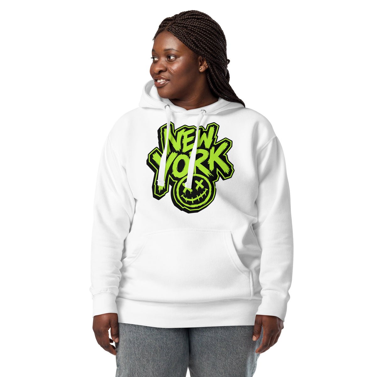 NY Smiles Unisex Hoodie — White — Women's 3 model, front